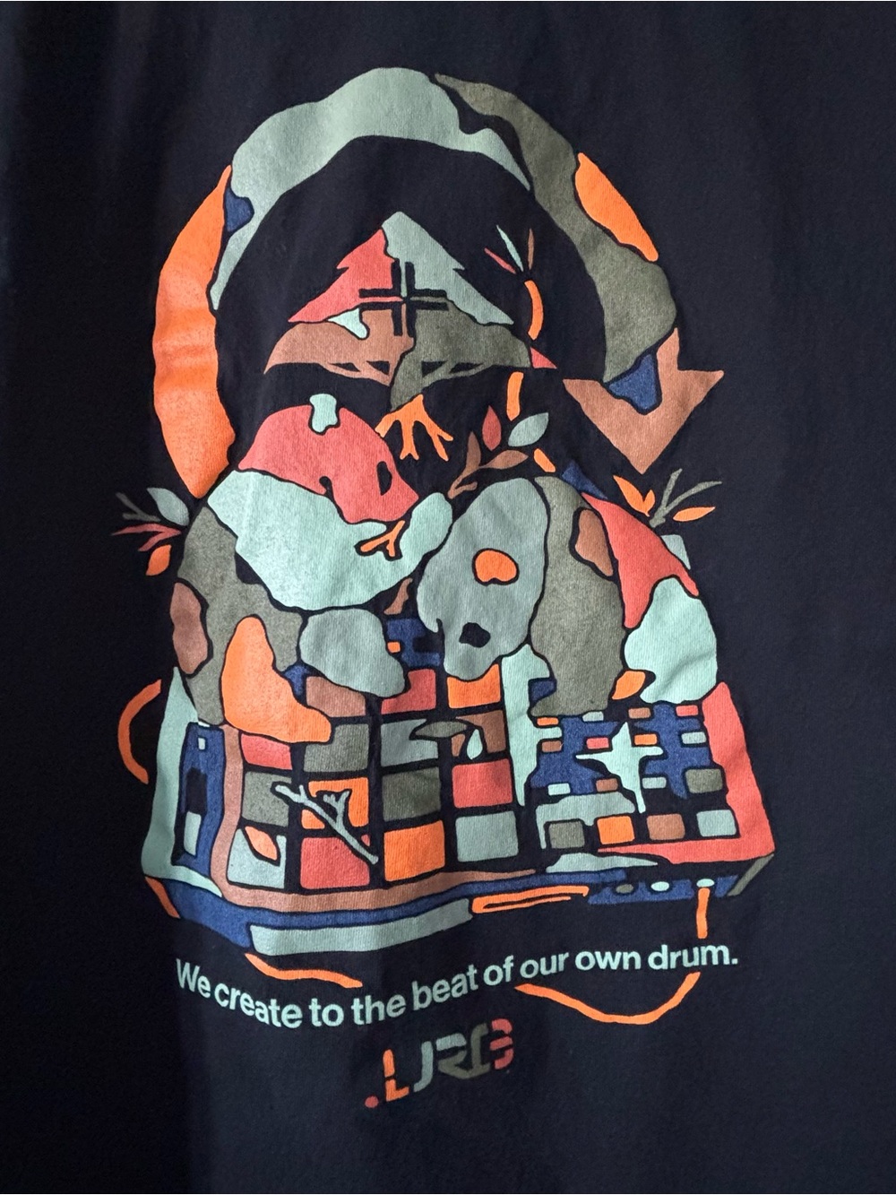 LRG Black Tee with Coral, Teal, Navy & Olive Drumbeat Graphic